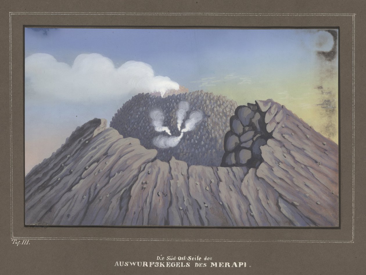 Utbrudd fra Mount Merapi, Pl.III, topografisk og vitenskapelig atlas for reisen gjennom Java, av Dr.Fr.Junghuhn, Magdeburg 1845 av German School