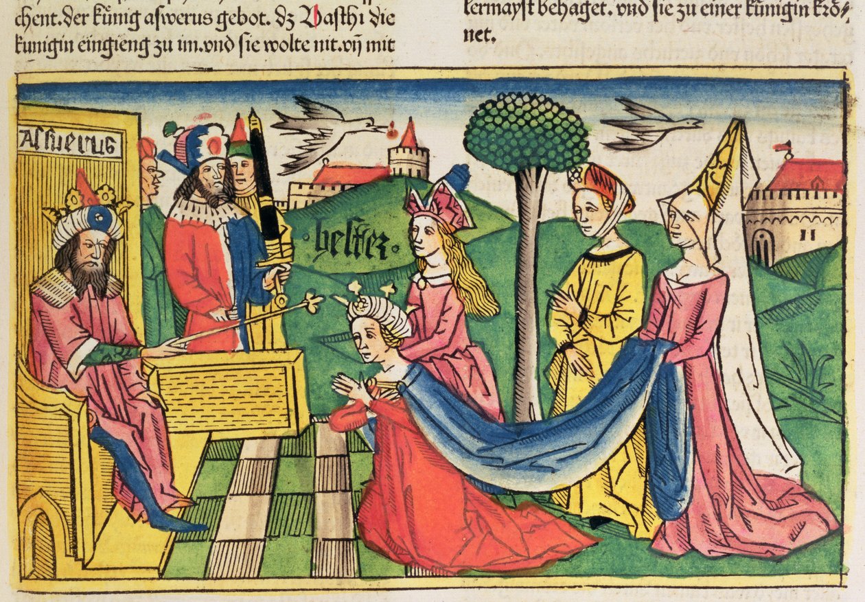 Esther 2 15-18, Esther er valgt til å være dronning av den persiske kong Ahasveros, fra Nürnbergbibelen (Biblia Sacra Germanaica) (farget tresnitt) av German School
