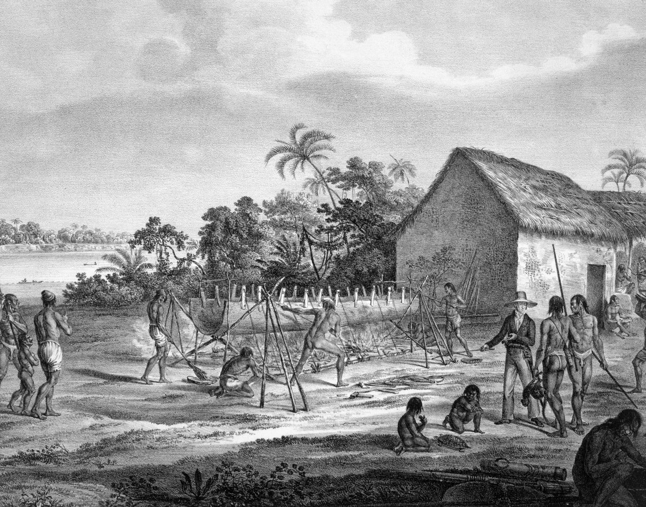 Europeisk byttehandel ved elvehavnen til Miranhas-stammen, Amiro Japara, illustrasjon fra Atlas of a Journey in Brasil av German School