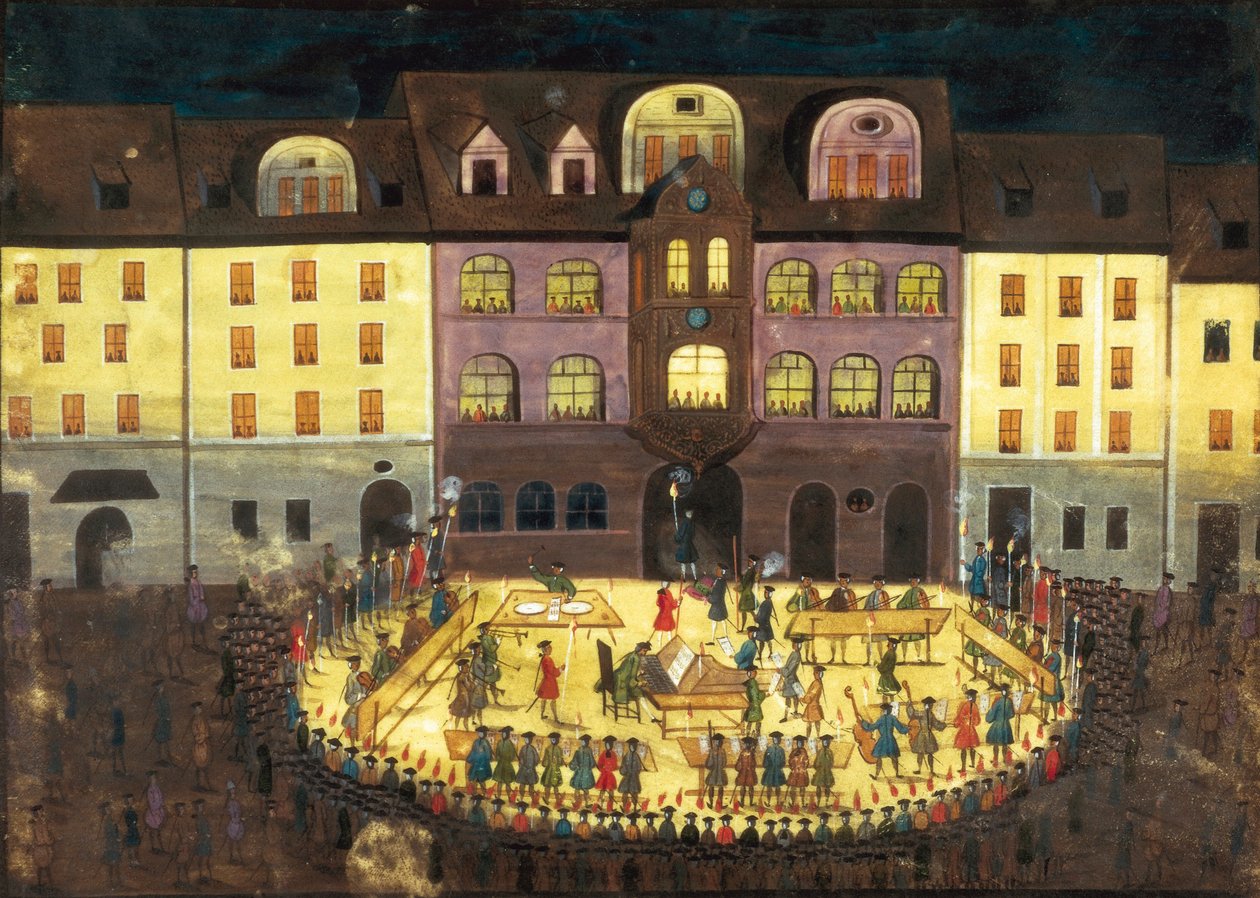 Kveldsmusikk ved et musikalsk høyskole i Hamburg, ca. 1740 (olje på lerret) av German School