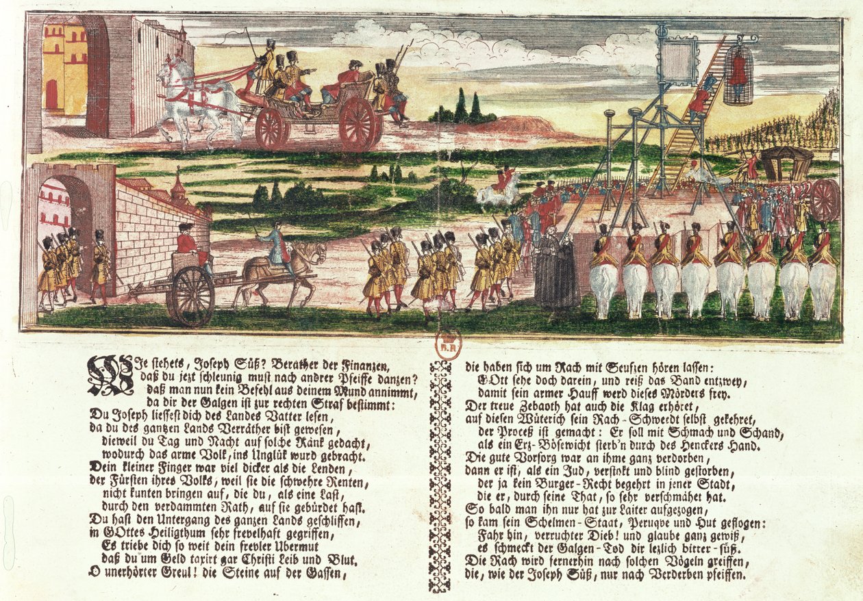 Henrettelse av Joseph Süss Oppenheimer i 1738 (farget tresnitt) av German School