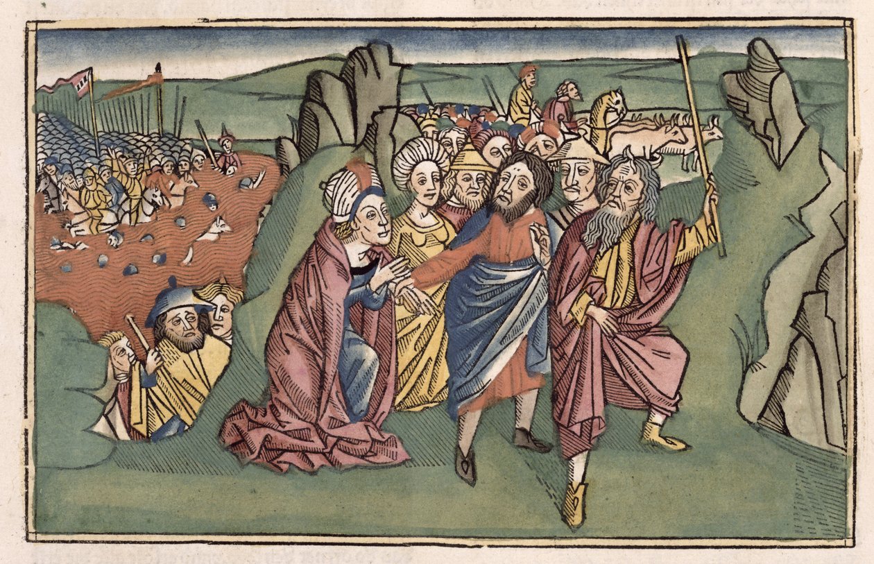 2. Mosebok 14 Moses og israelittene krysser Rødehavet, fra Nürnbergbibelen (Biblia Sacra Germanaica) (farget tresnitt) av German School
