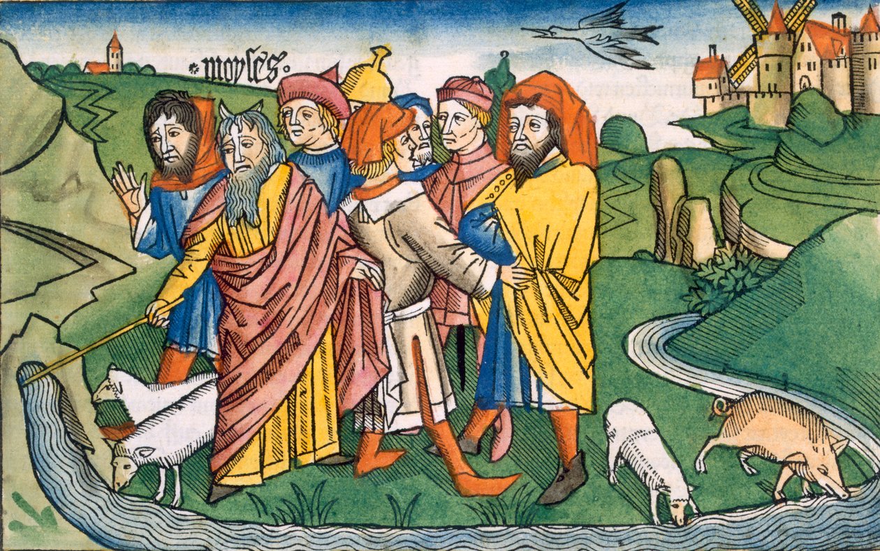 2. Mosebok 17 1-7 Moses får vannet til å strømme fra Harebs klipper, fra Nürnbergbibelen (Biblia Sacra Germanaica) (farget tresnitt) av German School