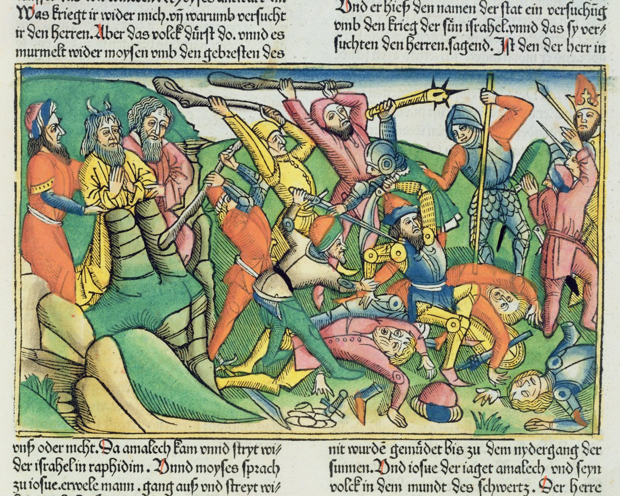 2. Mosebok 17 8-15 Aron og Hur støtter Moses-hender for å sikre israelittenes seier over amalekittene, fra Nürnbergbibelen (Biblia Sacra Germanaica) (farget tresnitt) av German School