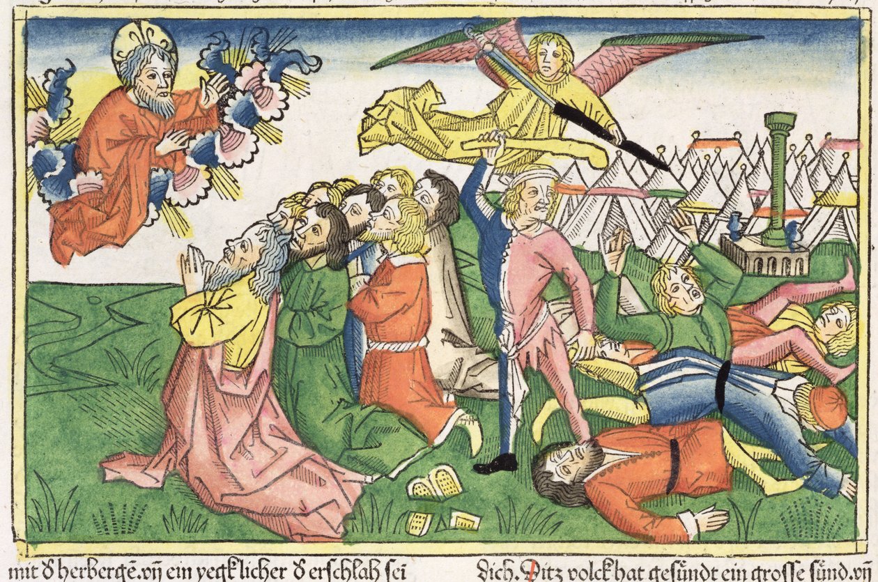 2. Mosebok 32 15-23 Moses bryter steintavlene, fra Nürnbergbibelen (Biblia Sacra Germanaica) (farget tresnitt) av German School