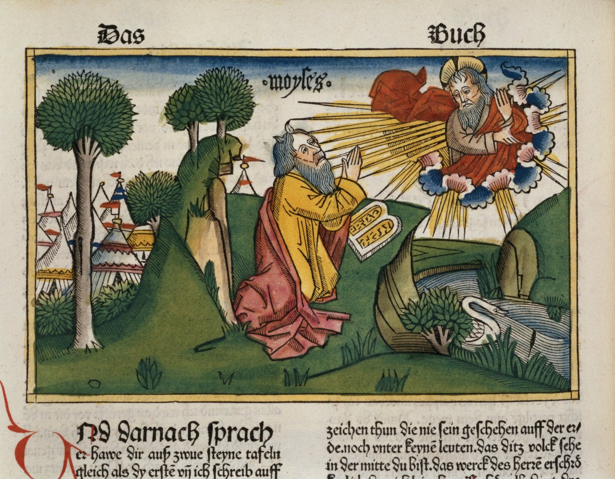2. Mosebok 34 1-10 Moses mottar de andre tavlene med de ti bud, fra Nürnbergbibelen (Biblia Sacra Germanaica) (farget tresnitt) av German School