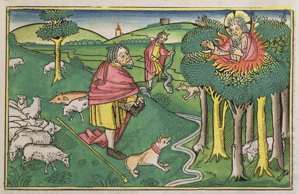 2. Mosebok 3 1-22 Den brennende busken, og 2. Mosebok 4 1-4 Gud bevæpner Moses med den mirakuløse staven, fra Nürnbergbibelen (Biblia Sacra Germanaica) (farget tresnitt) av German School