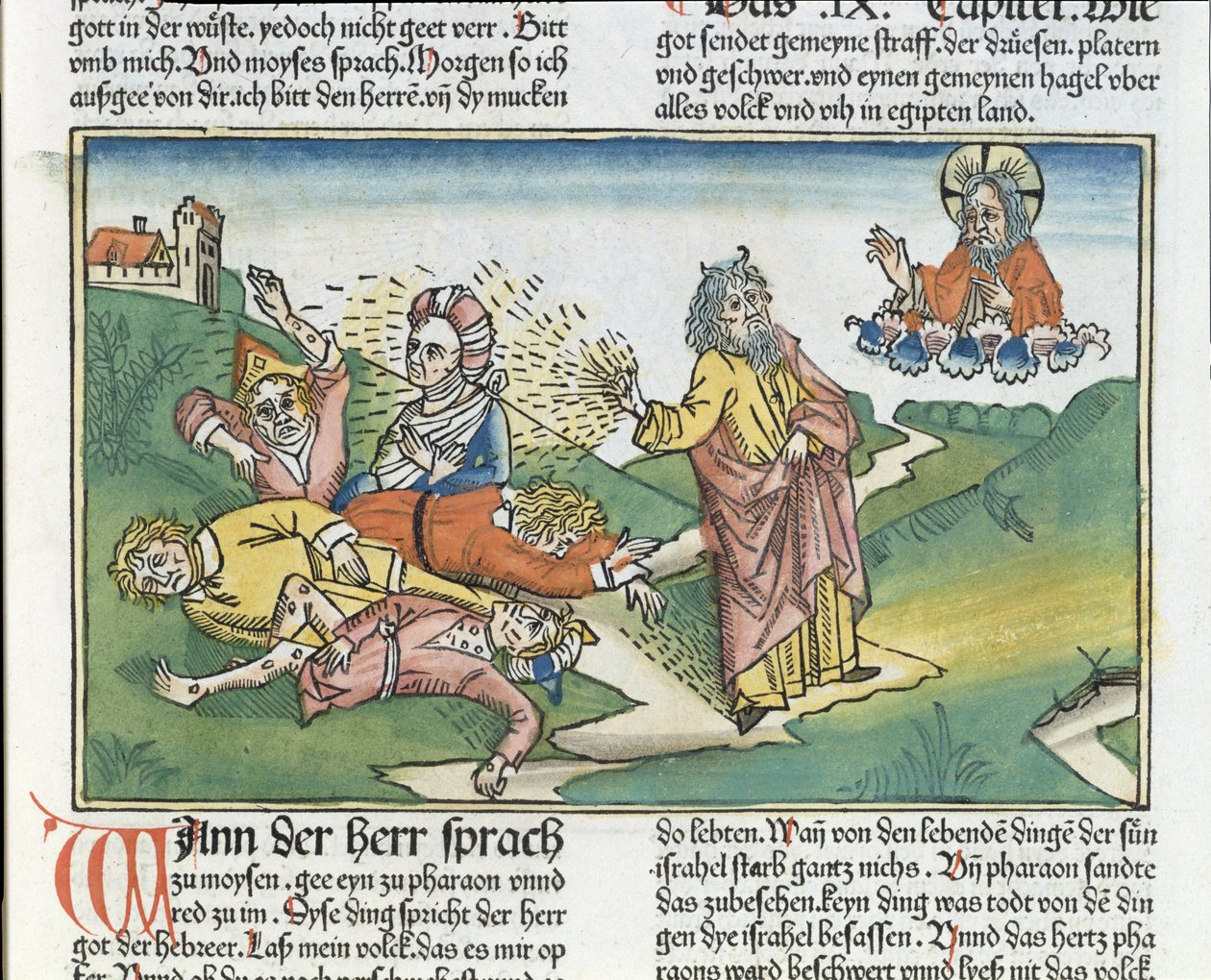 2. Mosebok 9 8-12 Egypts syv plager: Moses og bylleplagen, fra Nürnbergbibelen (Biblia Sacra Germanaica) (farget tresnitt) av German School