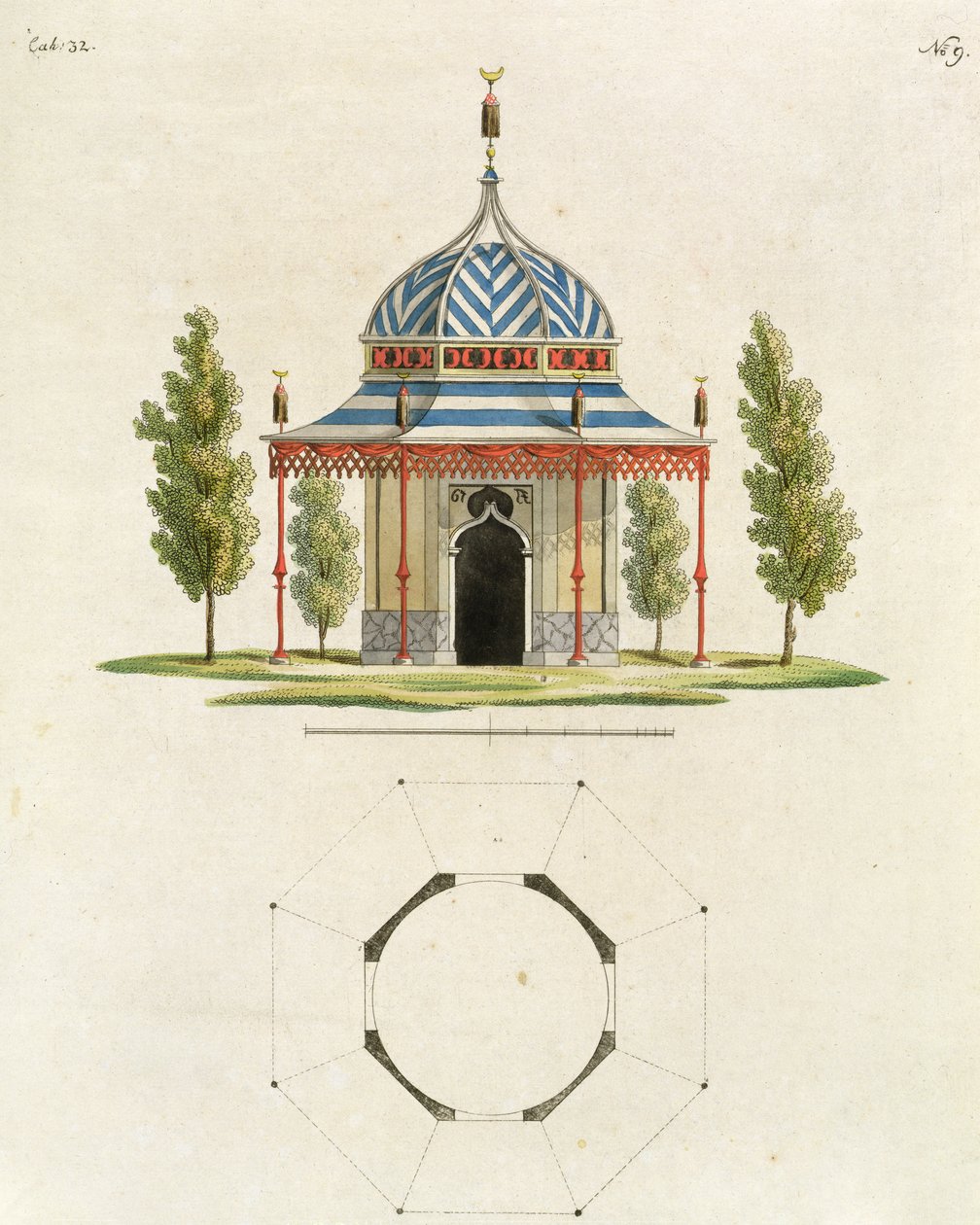 Eksteriør av et kinesisk hagetempel, fra Recent New Ideas for the Garden, utgitt 1779 (fargegravering) (se også 170864) av German School