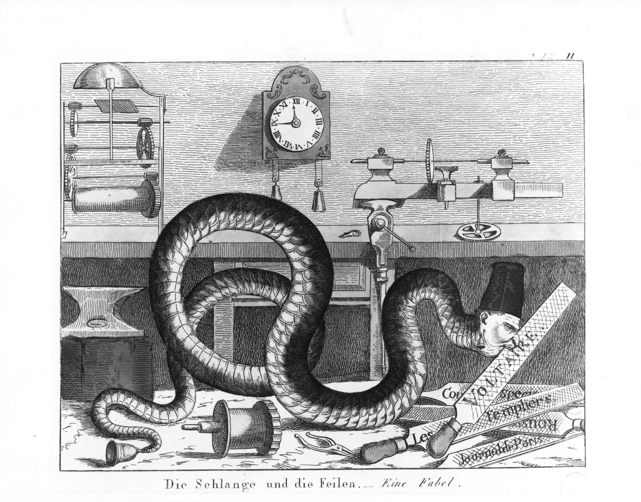 Fable of the Snake and the Files (gravering) (bw-bilde) av German School
