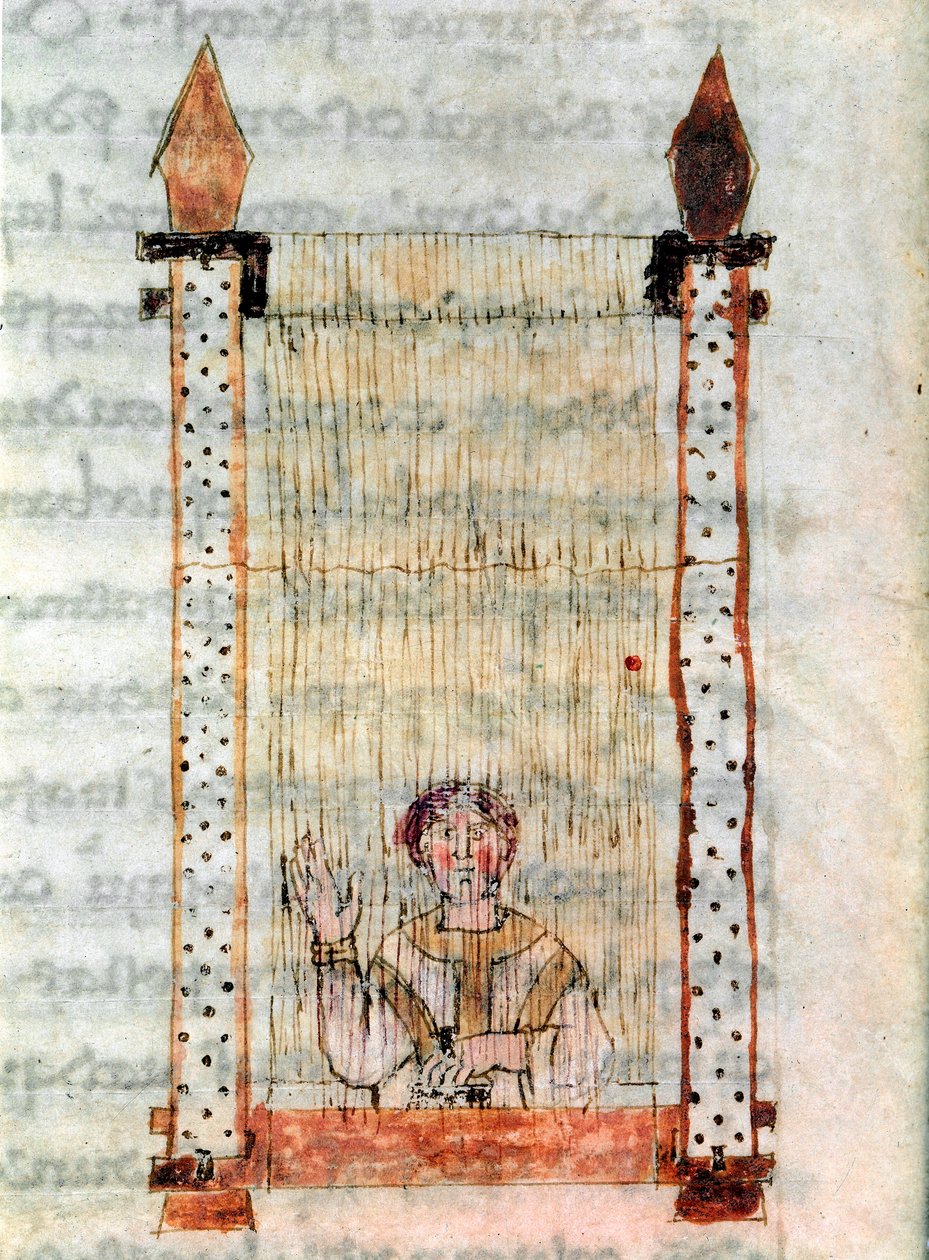 Stoffarbeid. Et veveri. Miniatyr hentet fra manuskriptet "" De Universo "eller" "De rerum naturis" "(Fra tingenes natur) av Rabanus Maurus Magnentius (eller Raban Maur eller Rabano Mauro, ca. 780-856). 9. århundre. Arkiv  av German School