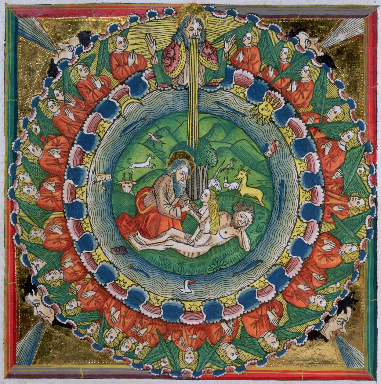 Faksimilekopi av 1. Mosebok 2:22 Gud skapte Eva, fra Nürnbergbibelen (Biblia Sacra Germanaica) av German School