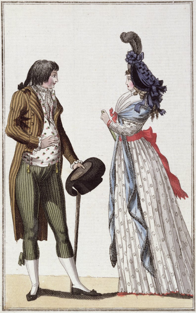 Fasjonable par fra Directoire-perioden (1795-99) (fargegravering) av German School