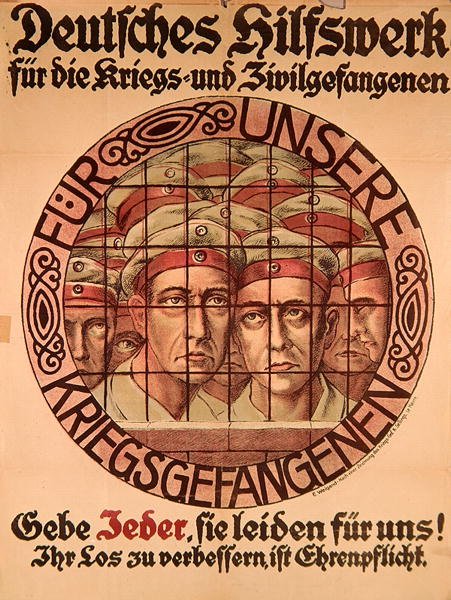 Første verdenskrig-plakat som oppfordrer tyskere til å gi penger for å hjelpe tyske krigsfanger (farge litho) av German School