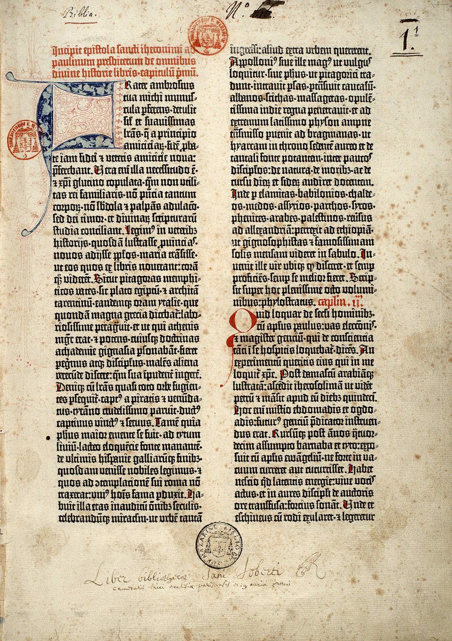 Første side av Bibelen på latin (vulgata) av Gutenberg utarbeidet i Mainz 1452 - 1454. Begynnelsen på epitre av Saint Hieronymus til presten Paulin som omhandler alle bøkene i Den hellige skrift. av German School