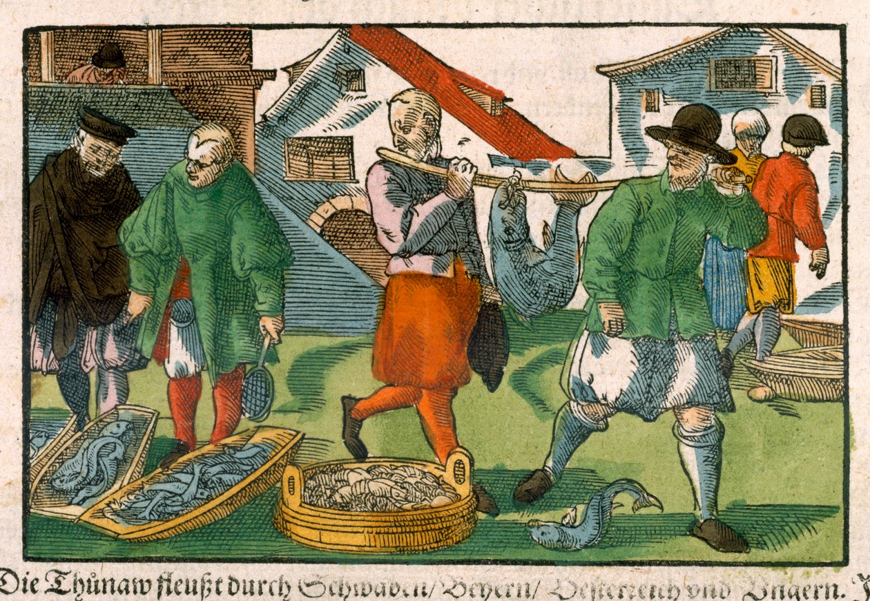 Fishmarket, fra et tysk manuskript, ca. 1650 (håndfarget tresnitt) av German School