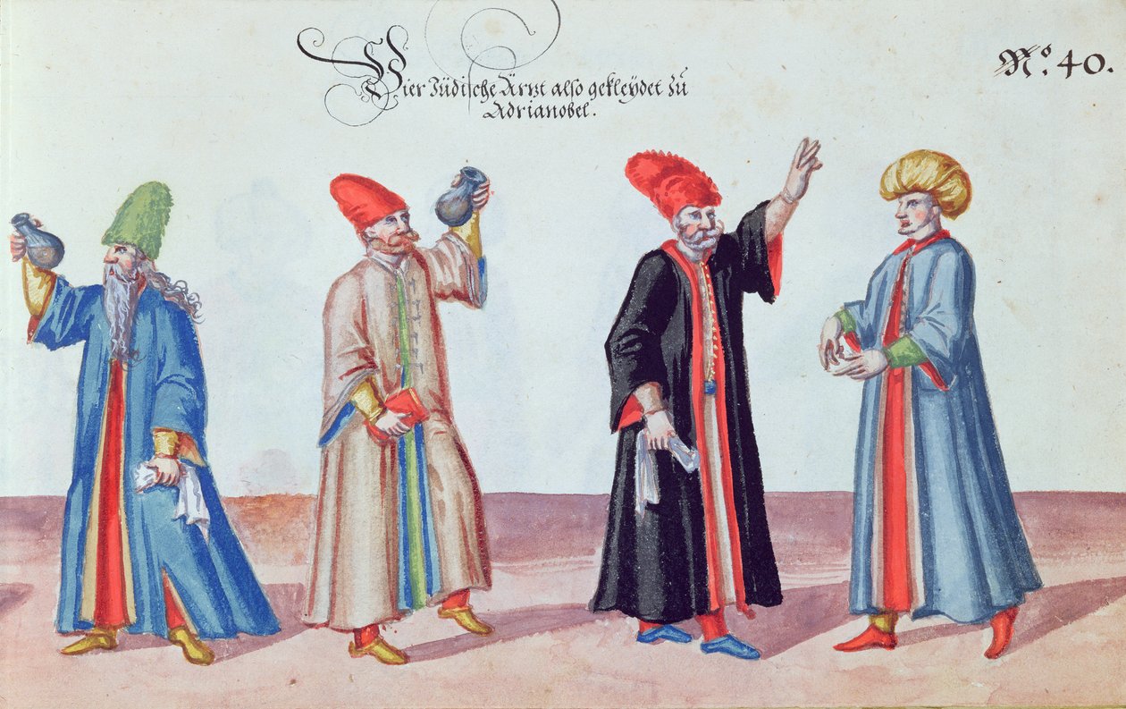 Fire jødiske leger fra Adrianople, Tyrkia, ca. 1600 (wc på papir) av German School
