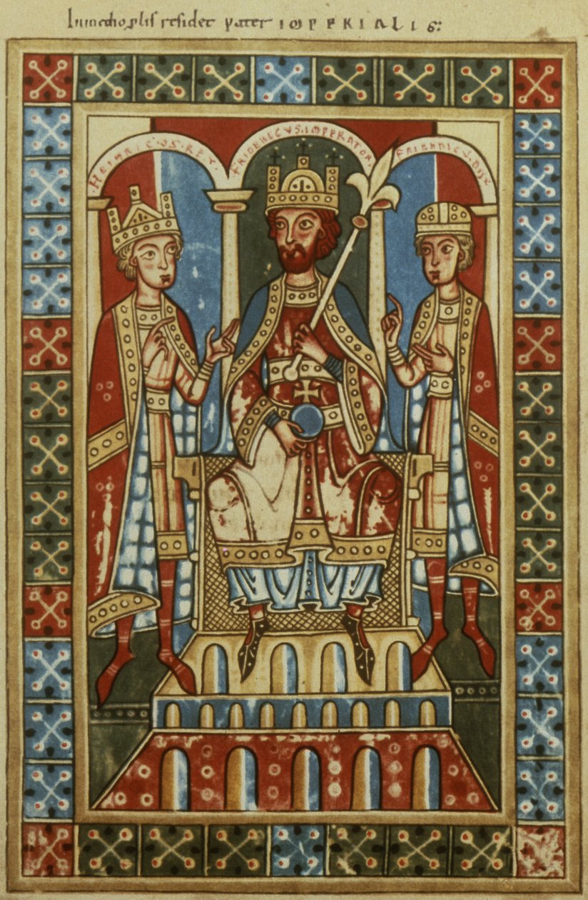 Fredrik I med sine to sønner kong Henrik VI og hertug Fredrik, ca. 1180 av German School