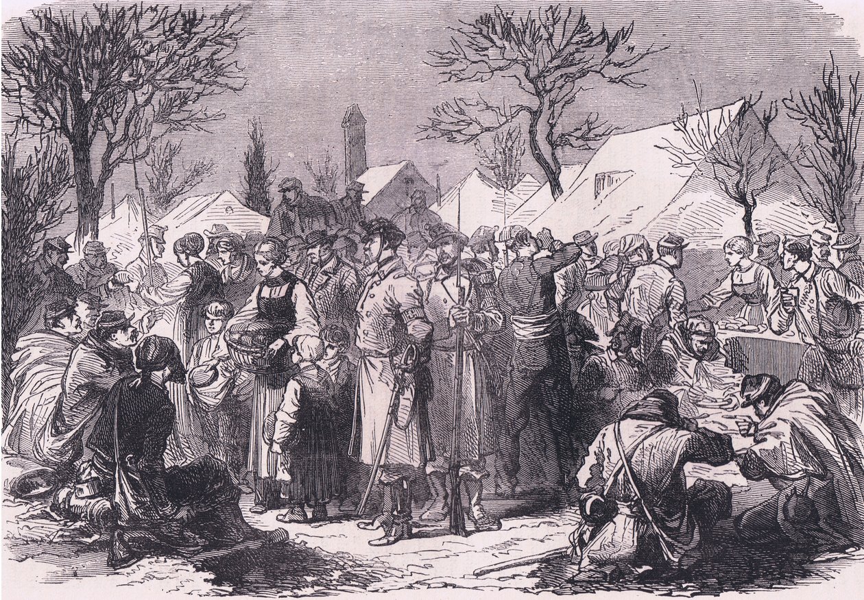 Franske flyktende soldater i Sveits, Cassells History of the War between France and Germany utgitt av Cassell and Company Limited, ca. 1890 (litho) av German School