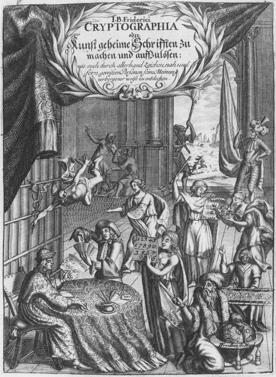 Frontispice, illustrasjon fra Cryptographia, eller hemmelige skrifter av Johann Balthasar Friderici, gravert av Johan Friedlein (1600-tallet) utgitt i Hamburg, 1685 av German School