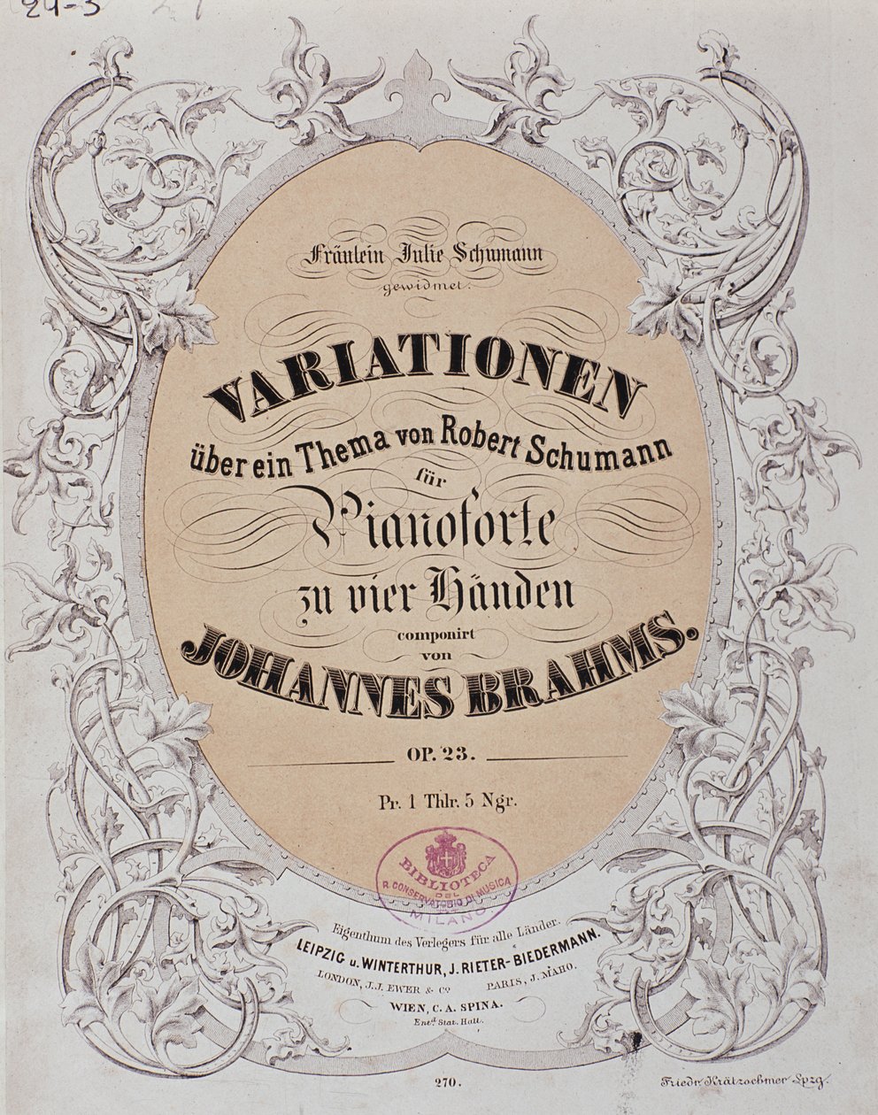 Frontispice av "Variations on a Theme av Robert Schumann" (Op. 23) av Johannes Brahms (1833-1897) av German School