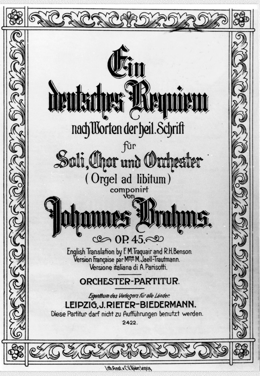 Frontispice av det tyske rekviem av Johannes Brahms (1833 - 1897) (litho) av German School