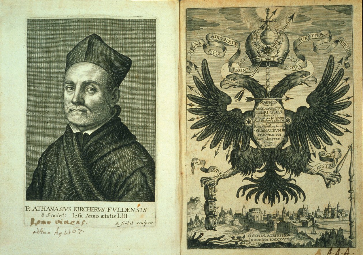 Frontispice til Magnes eller trepartsverkets magnetiske kunst av Athanasius Kircher, 1643 av German School