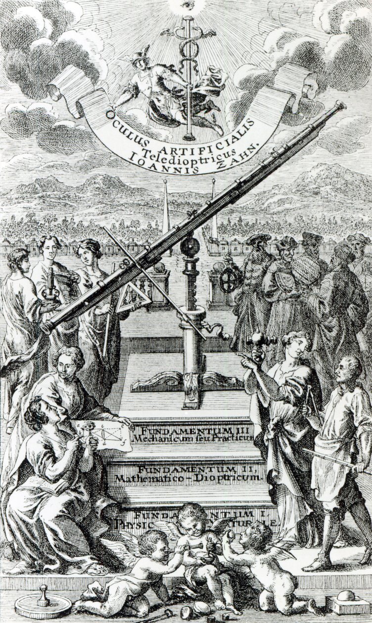 Frontispice til Oculus Artificialis Teledioptricus Sive Telescopium av Johann Zahn, 2. utgave utgitt i 1702 av German School