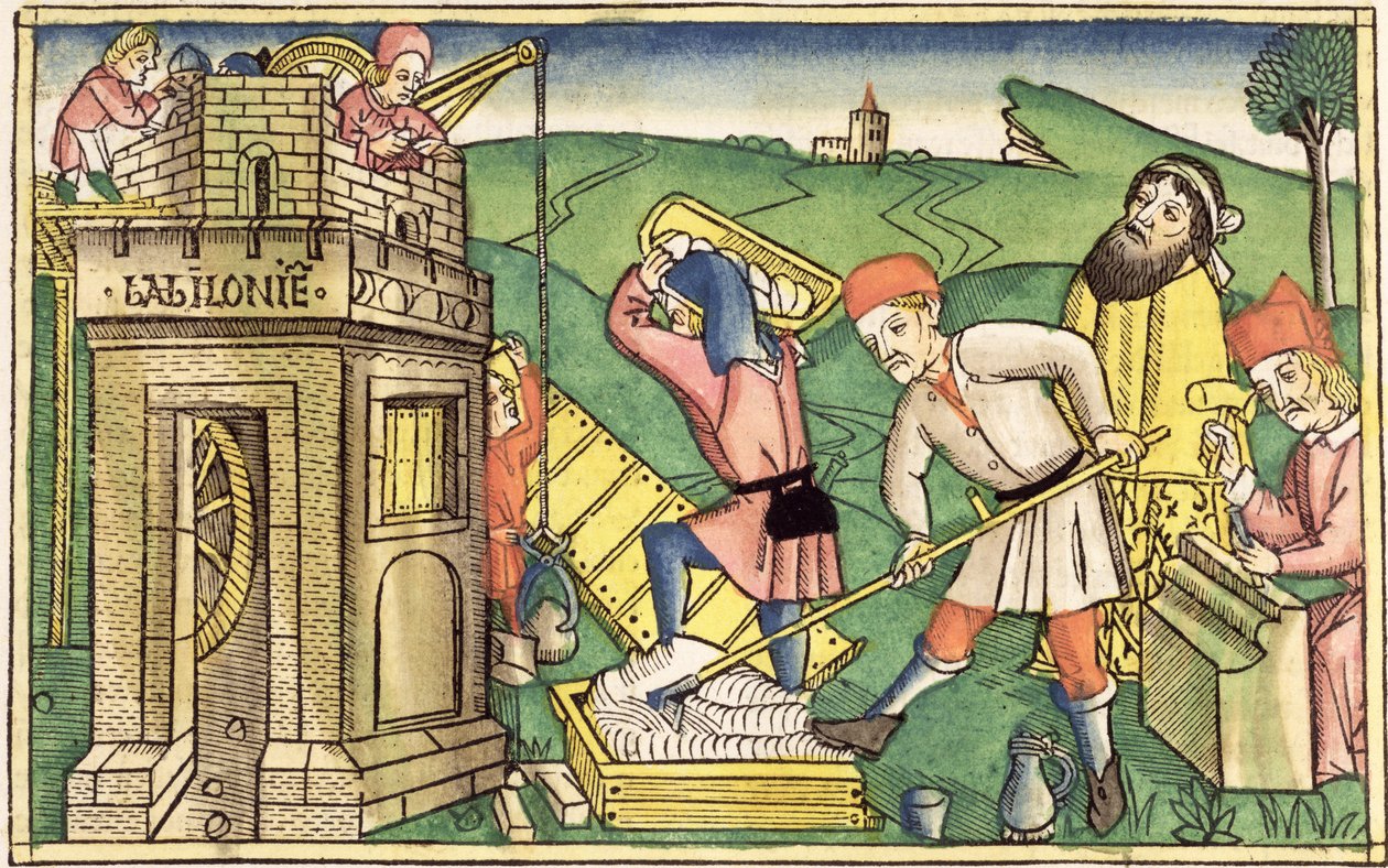 1. Mosebok 11 1-9 Bygge Babelstårnet, fra Nürnbergbibelen (Biblia Sacra Germanaica) (farget tresnitt) av German School
