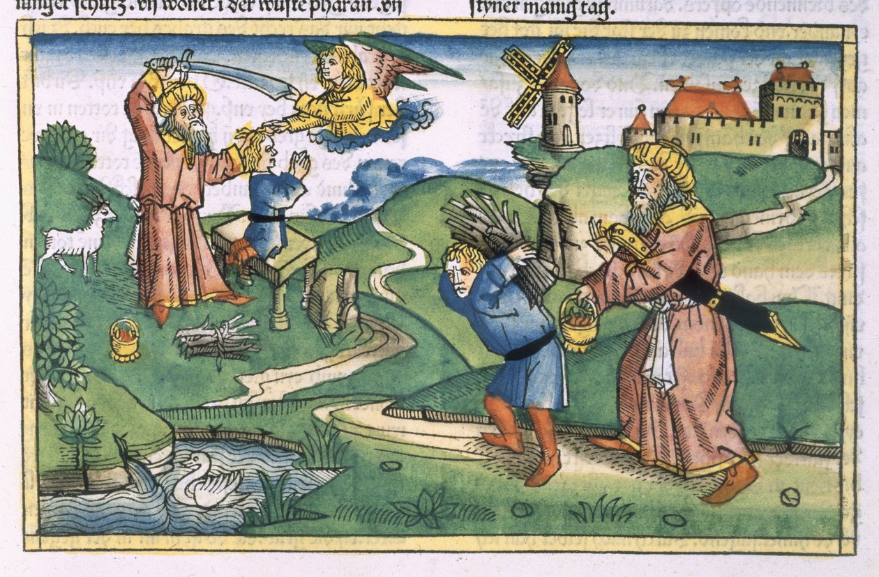 1. Mosebok 21 1-14 Abrahams ofring av Isak, fra Nürnbergbibelen (Biblia Sacra Germanaica) (farget tresnitt) av German School
