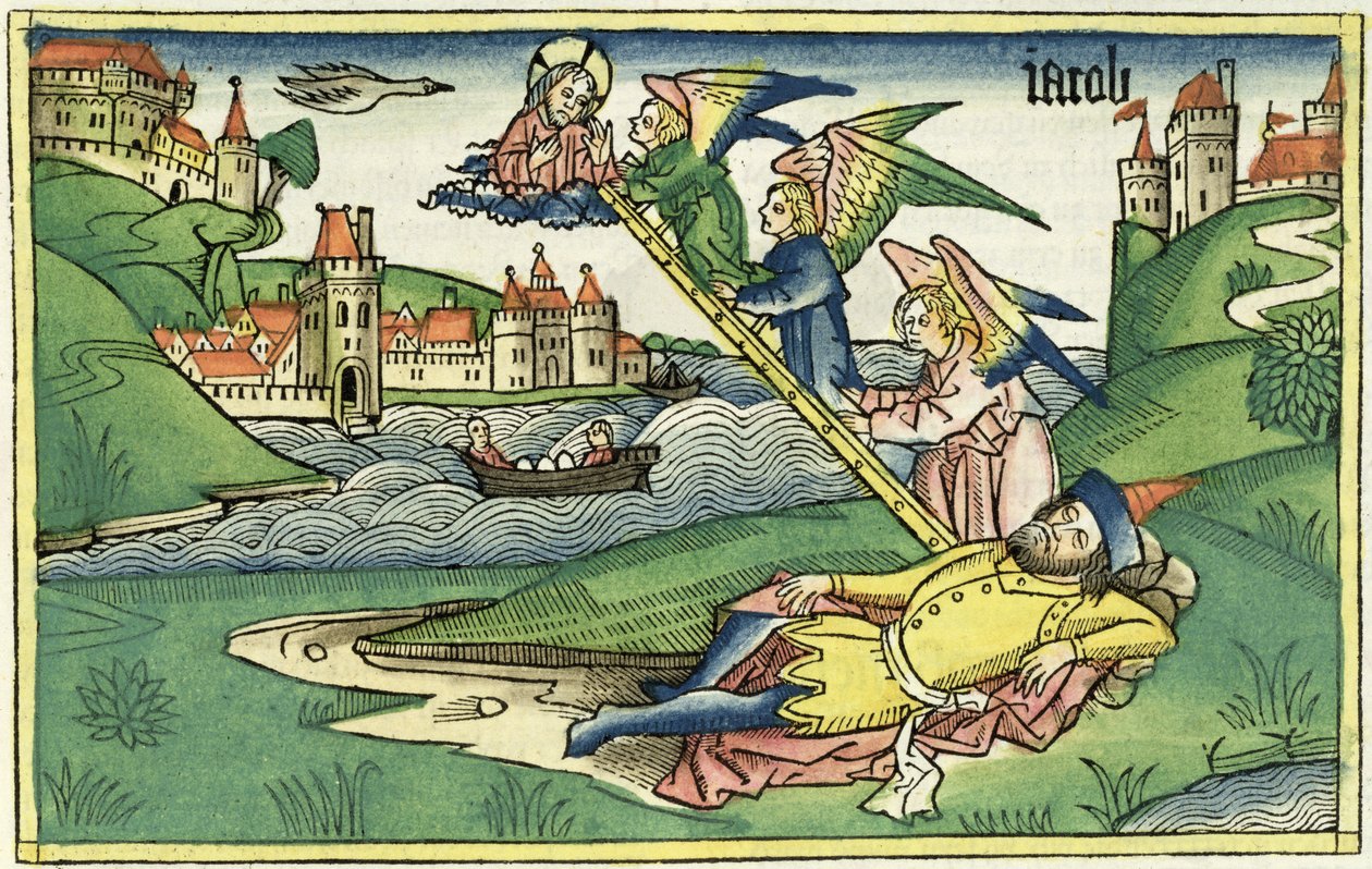 Genesis 28 10 Jacobs Ladder, fra Nürnbergbibelen (Biblia Sacra Germanaica) (farget tresnitt) av German School
