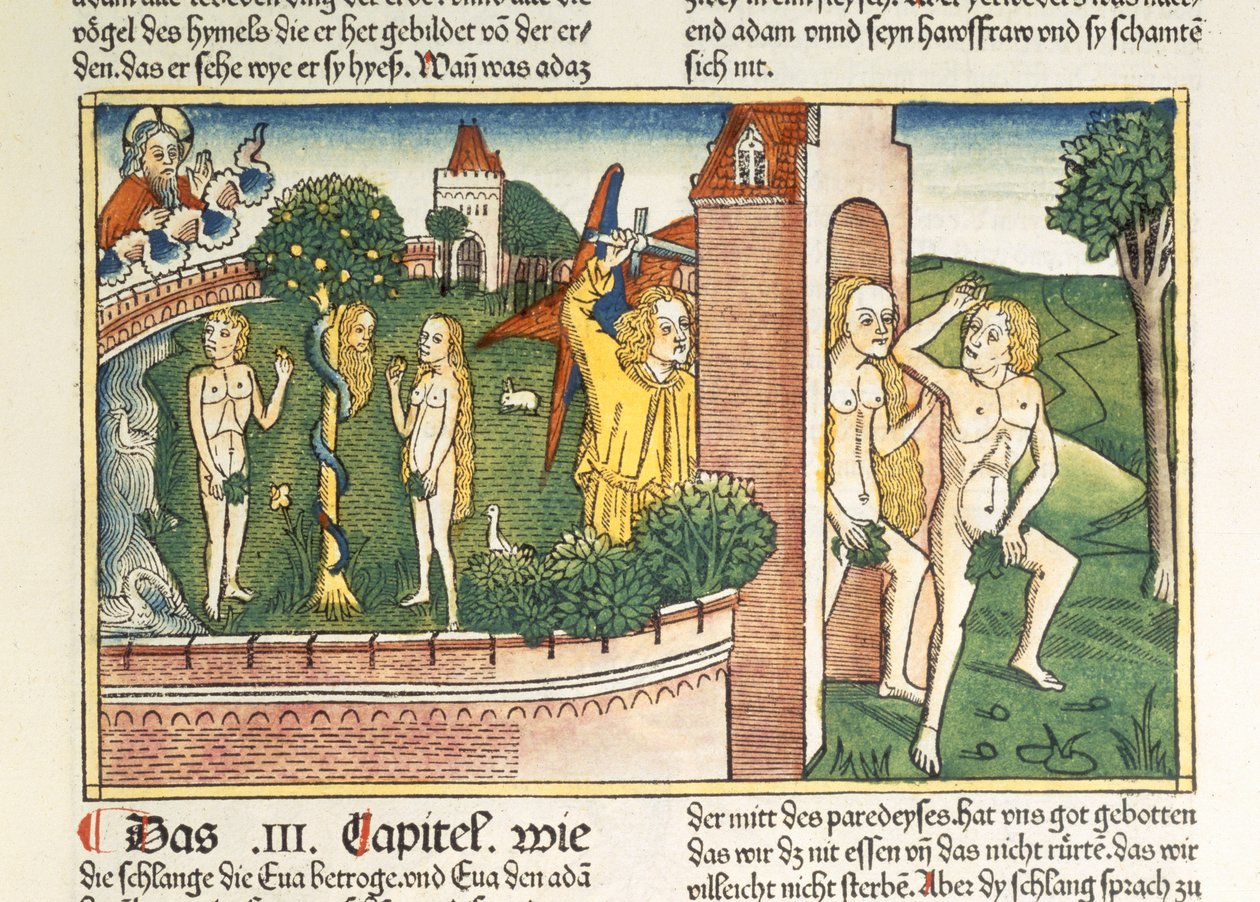 1. Mosebok 3 1-24 Fristelsen og utdrivelsen fra paradiset, fra Nürnbergbibelen (Biblia Sacra Germanaica) (farget tresnitt) av German School