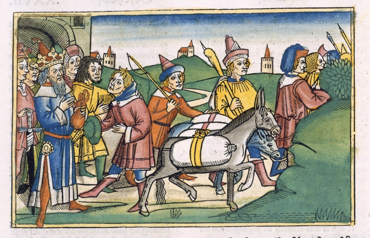 1. Mosebok 41 14-24 Faraos drøm, fra 'Nürnbergbibelen (Biblia Sacra Germanaica)' (farget tresnitt) av German School