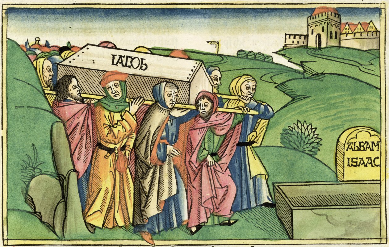 1. Mosebok 49:28-33 Begravelsen av Jakob, fra Nürnberg-bibelen (Biblia Sacra Germanaica) (farget tresnitt) av German School