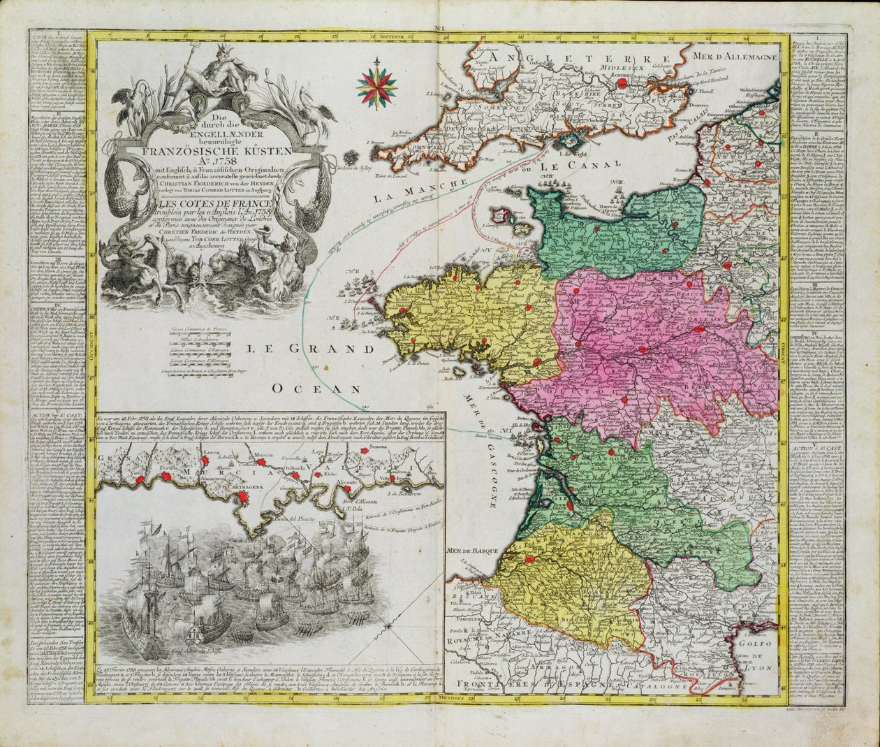 Tysk kart som viser engelske marineangrep på franske havner i 1758 av German School