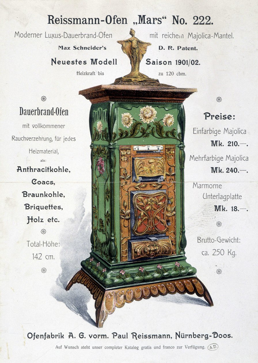 Tysk reklame for en kjele i art nouveau-stil, sent på 1800-tallet av German School