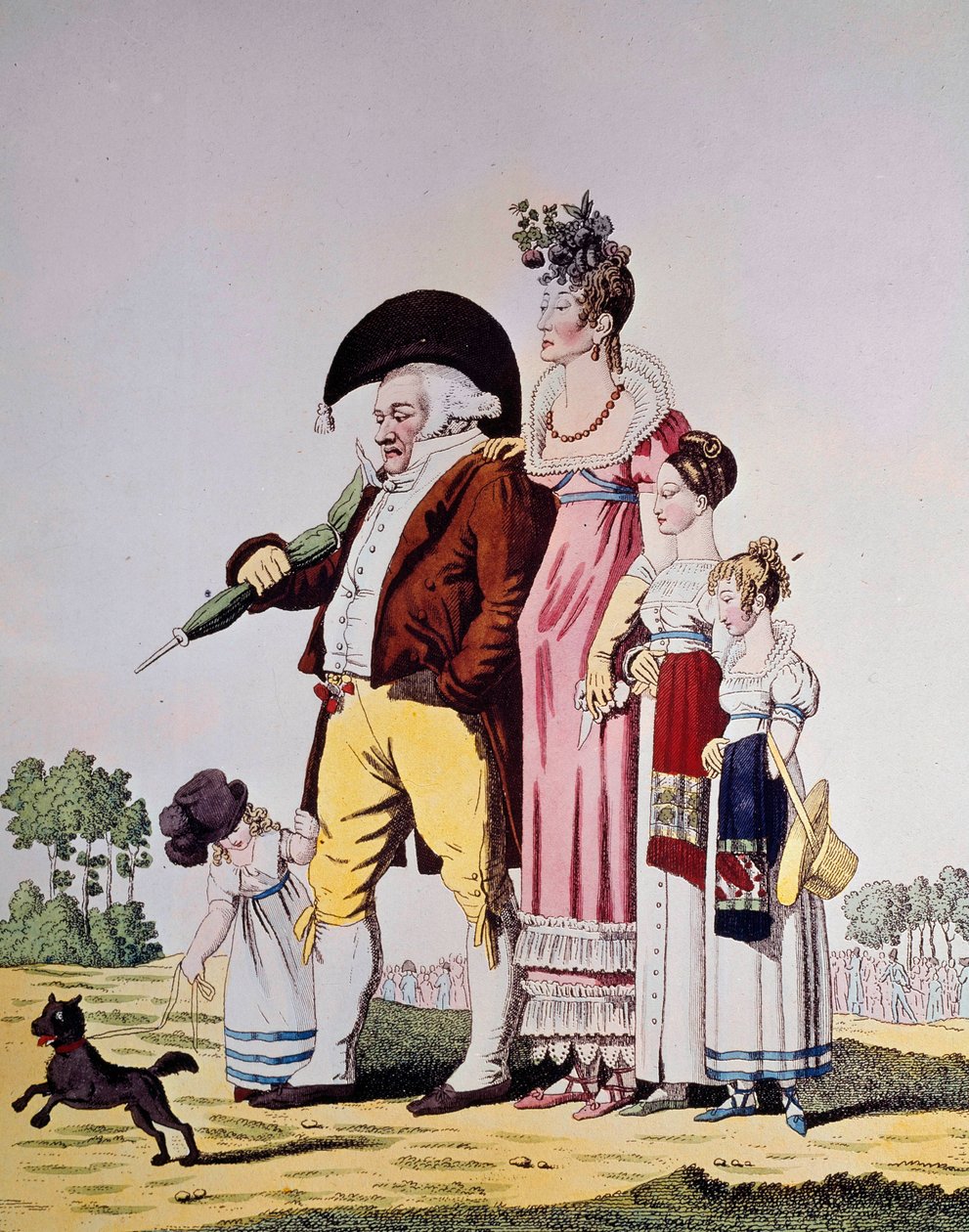 Tysk borgerlig tur på søndag Karikatur som representerer en tysk familie i søndagsdrakt. Gravering av 1800-tallet. Berlin. Kunstbibliothek av German School