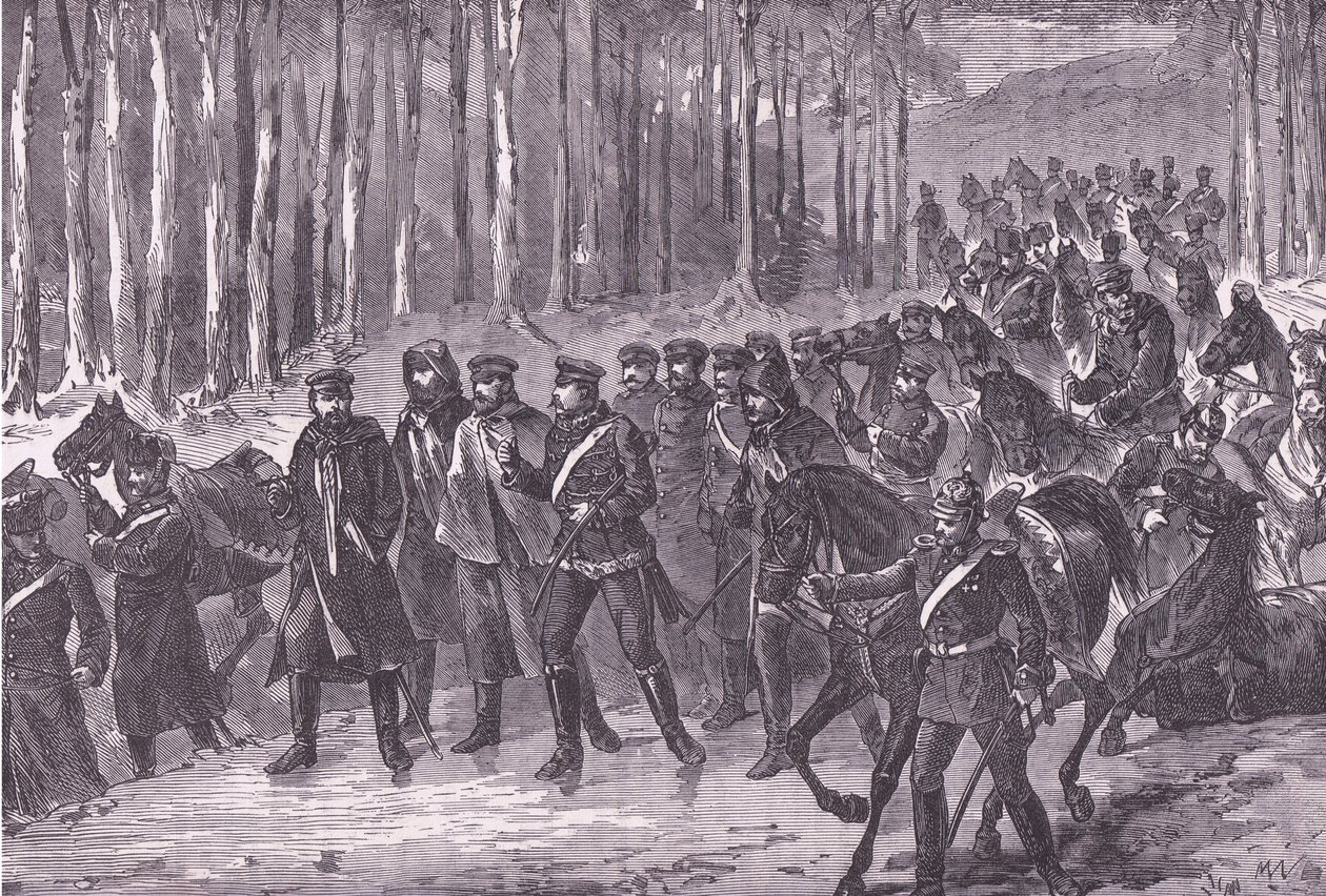 Tysk kavaleri på vei til Paris, Cassells historie om krigen mellom Frankrike og Tyskland utgitt av Cassell and Company Limited, ca. 1890 (litho) av German School