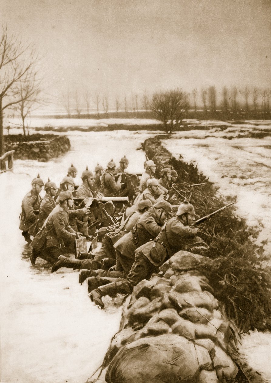 Tysk maskingeværseksjon som holder en barrikade i Polen, 1914-19 av German School