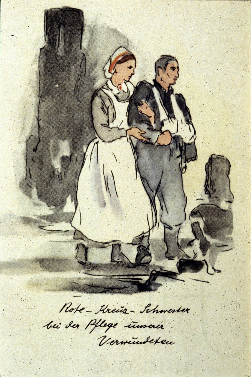 Tysk sykepleier støtter en såret mann. 1942. av German School