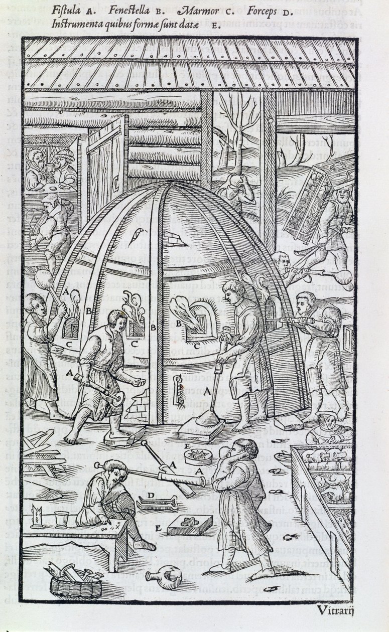 Glassverk, illustrasjon som viser marmorovnen og glassblåsere (tresnitt) av German School