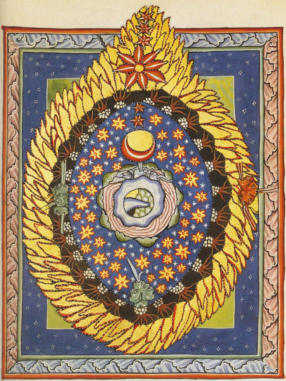 Gud, kosmos og menneskeheten. Miniatyr fra Liber Scivias av Hildegard av Bingen, ca. 1175 (akvarell på pergament) av German School