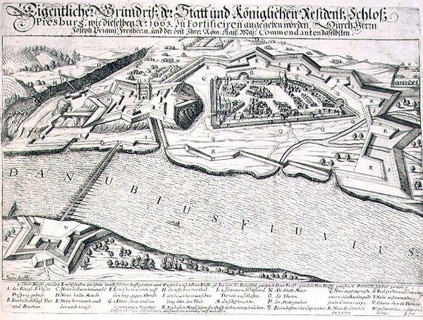 Grunnplan over byen og slottet Pressburg og dens festningsverk i 1663, illustrasjon fra en bok om de osmanske felttogene i Europa, gravert av Paul Furst (ca. 1605-66) (gravering) av German School