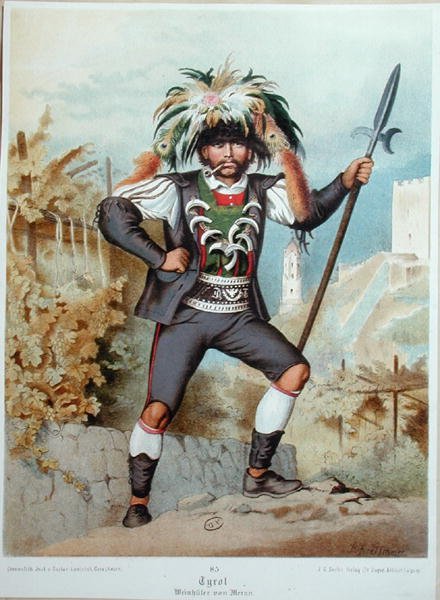 Vokter vingårdene ved Meran i Tyrol (farge litho) av German School