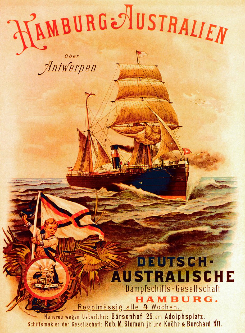 Hamburg - Australia, plakat som reklamerer for det tyske australske dampskipsselskapet, 1889 av German School