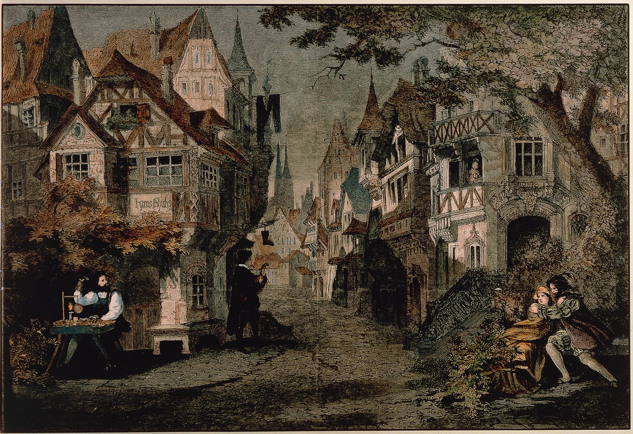 Hans Sachs, scene 2 fra 'Die Meistersinger' av Richard Wagner (farget gravering) av German School