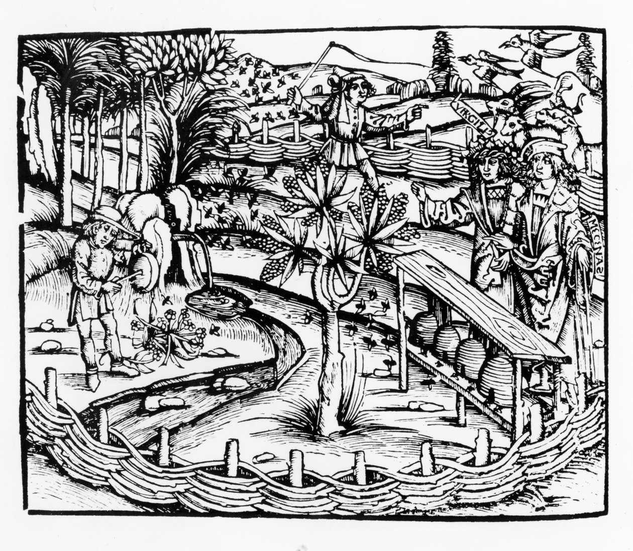 Glade ektemenn som passer bier, illustrasjon fra Georgics av Virgil, bok IV, fra Sebastian Brants (1457-1521) utgave, utgitt 1502 av German School