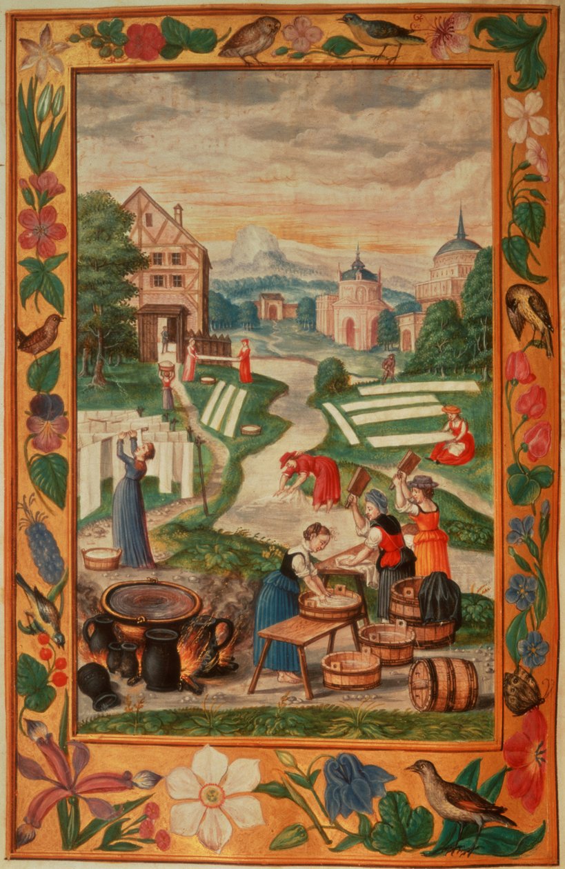 Harl 3469 f.32v Kvinner engasjert i klesvask, fra 'Splendor Solis' av Salomon Trismosin av German School