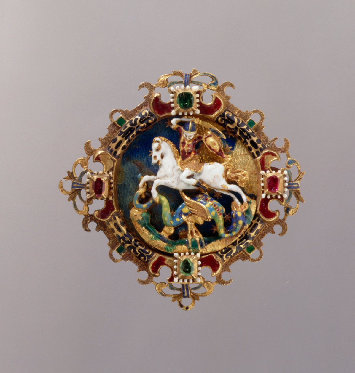 Hat Agrafe med St. George (gull, emalje, rubin og smaragd) av German School
