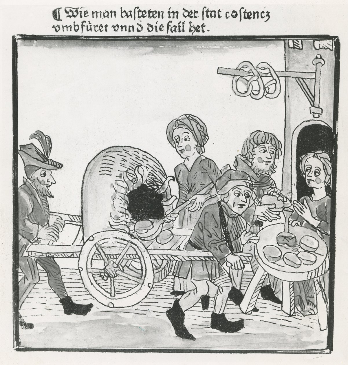 Hawker of Pancakes and Pretzels, under konsilet i Konstanz i 1417, etter et inkunabulum, ca. 1485 (penn og blekk på papir) av German School